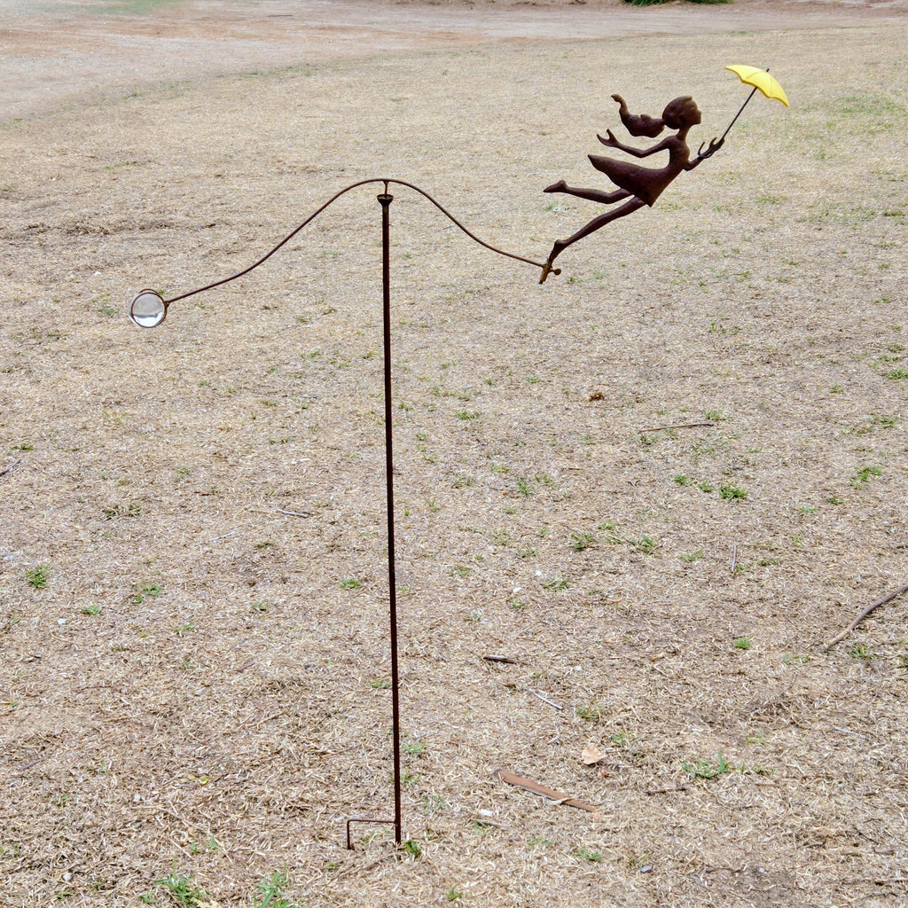 Rustic Metal Girl Balance Garden Stake – Kinetic Wind Balancer with Umbrella, Vintage Outdoor Yard Art