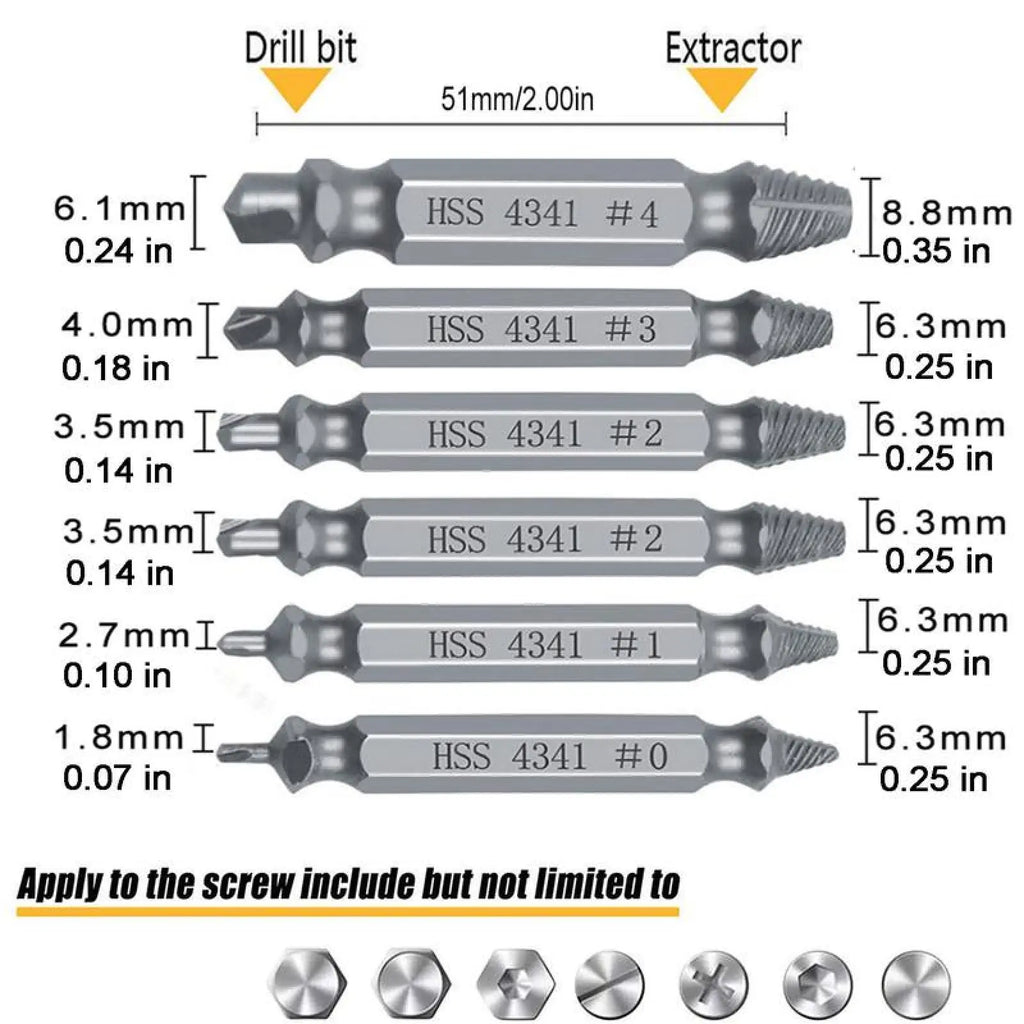 Stripped & Broken Screw Remover Set – 6 Pcs Easy Out Bolt Extractor, Double‑Head Design for Damaged Screws