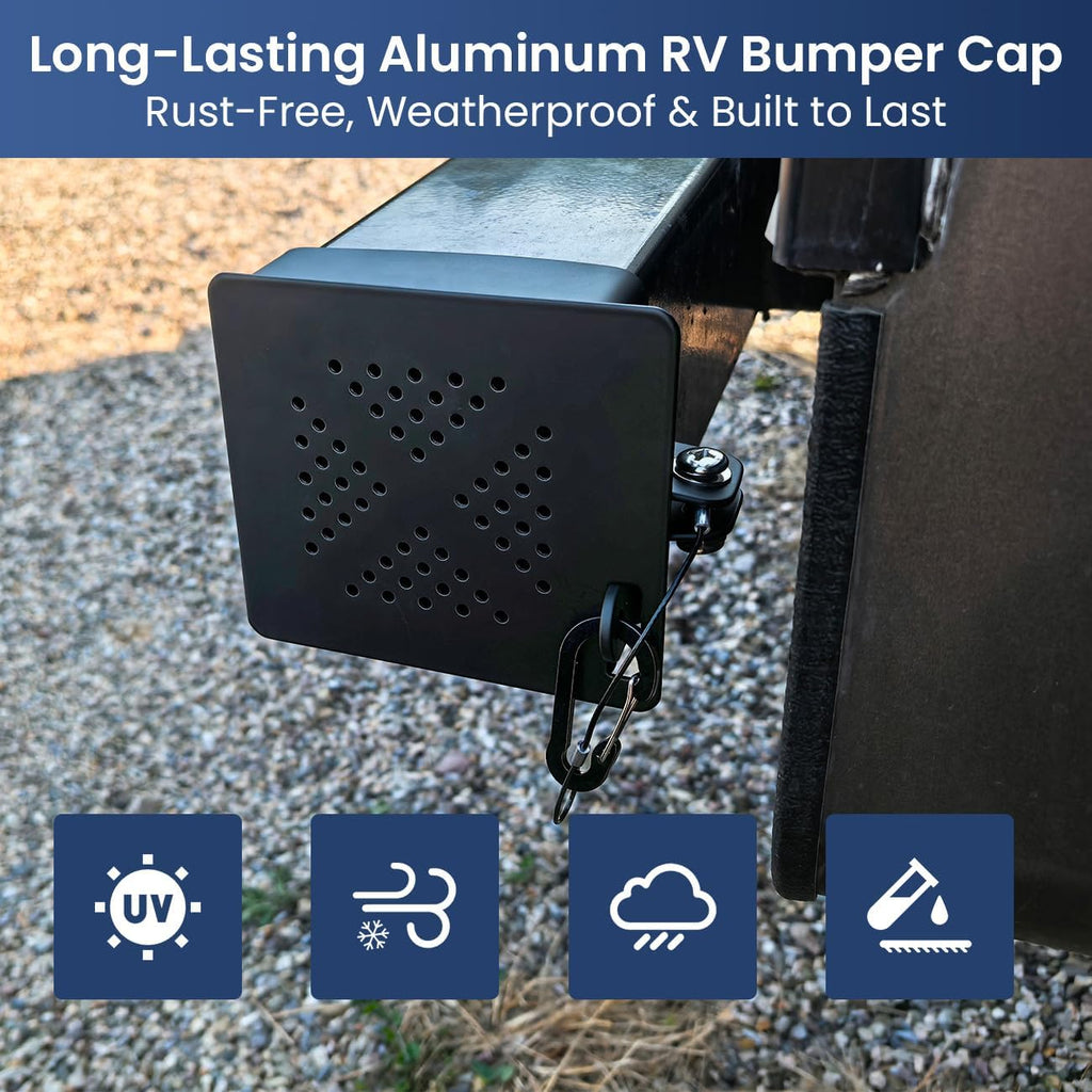 Aluminum RV Bumper End Cap- Fits Standard 4-Inch Square Camper Bumpers, No-Insect Vent Holes, Secure Sewer Hose Storage, Must-Have Travel Trailer Accessories