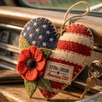 Handmade America 250 Heart Ornament – Patriotic Fabric Decor with Poppy Flower (1776–2026 Anniversary Edition)