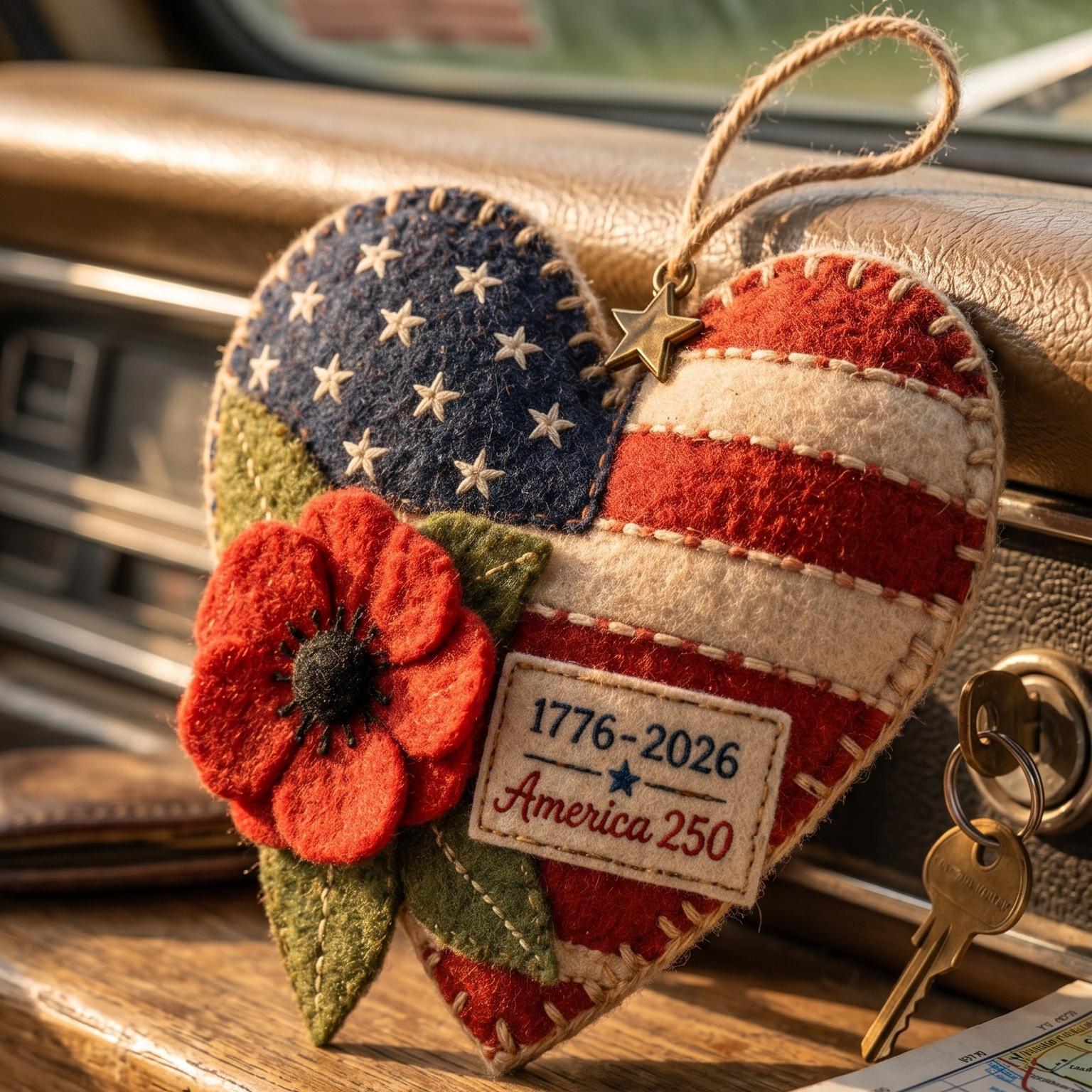 Handmade America 250 Heart Ornament – Patriotic Fabric Decor with Poppy Flower (1776–2026 Anniversary Edition)